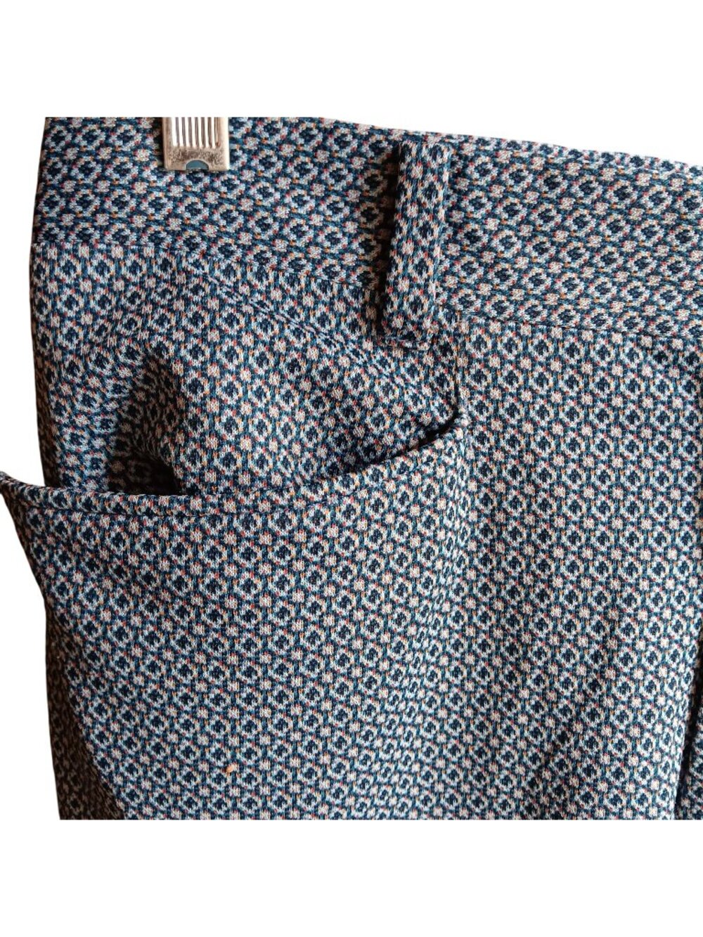 32x29 True Vintage Disco Pants Geometric Patterned Blue 1970's Flare Knit Mod